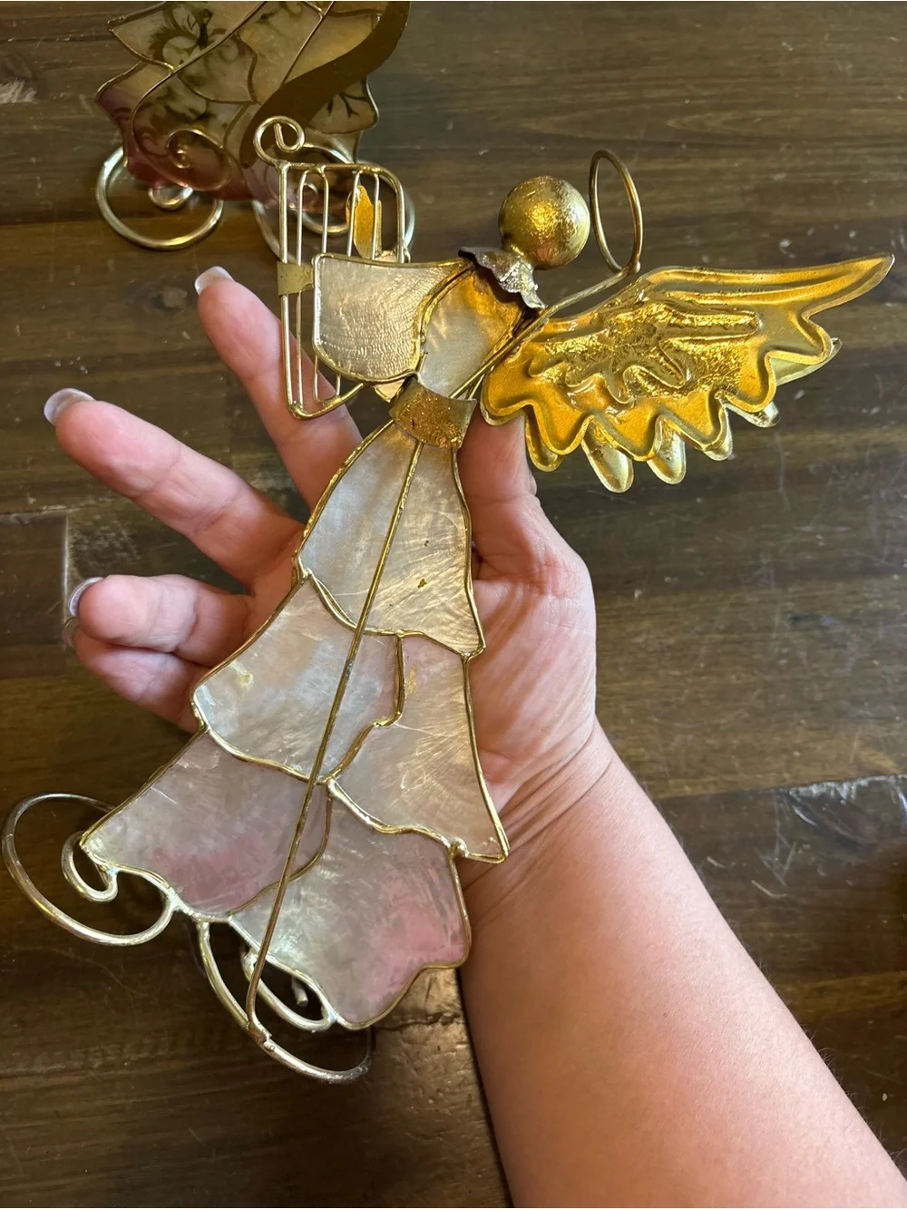 Vintage Holiday Capiz Shell Angel Gold Set 2 Harp Christmas Iridescent Whimsy